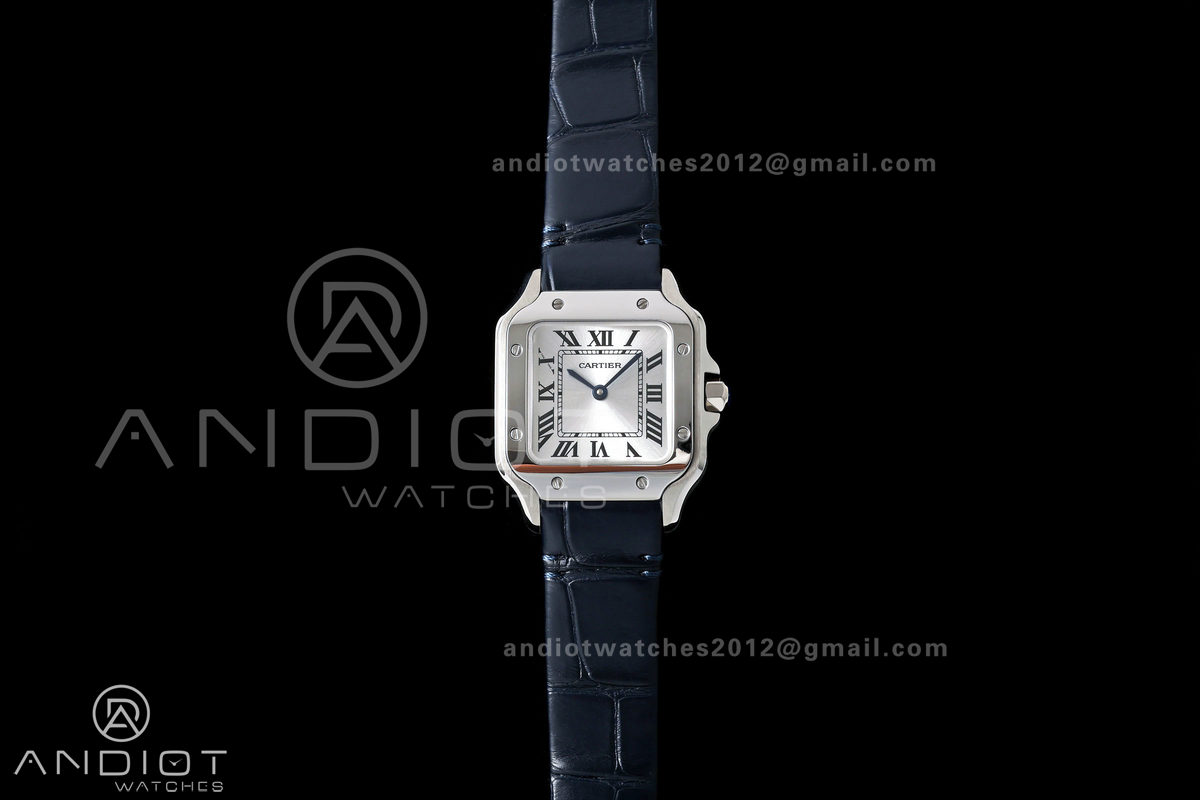 Santos De Cartier DRF 27mm SS/LE Silver Dial Alligator Leather Strap Quartz